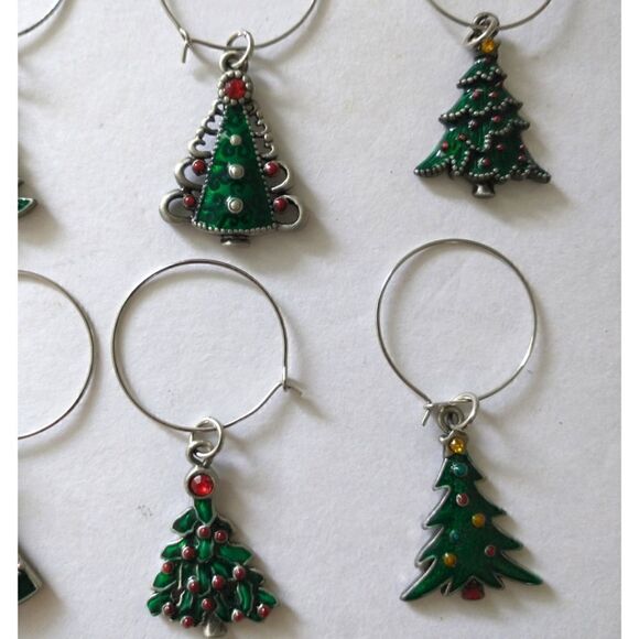Christmas Tree Wine Glass Markers Charms Set Of 6 Rhinestones Enameled Metal.  - Picture 12 of 14